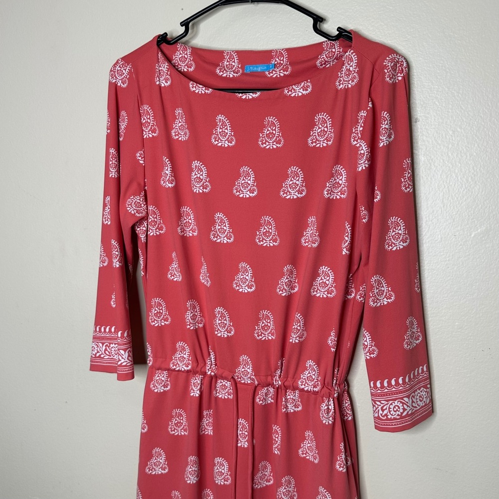 J McLaughlin Marianne 3/4 Sleeve Coral Patterned Dress Nylon size Medium - Picture 3 of 8